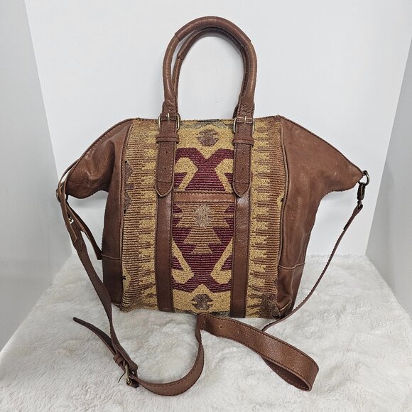 Isabella Fiore Brown Leather Tapestry Bag Western Boho Crossbody - Picture 1 of 13